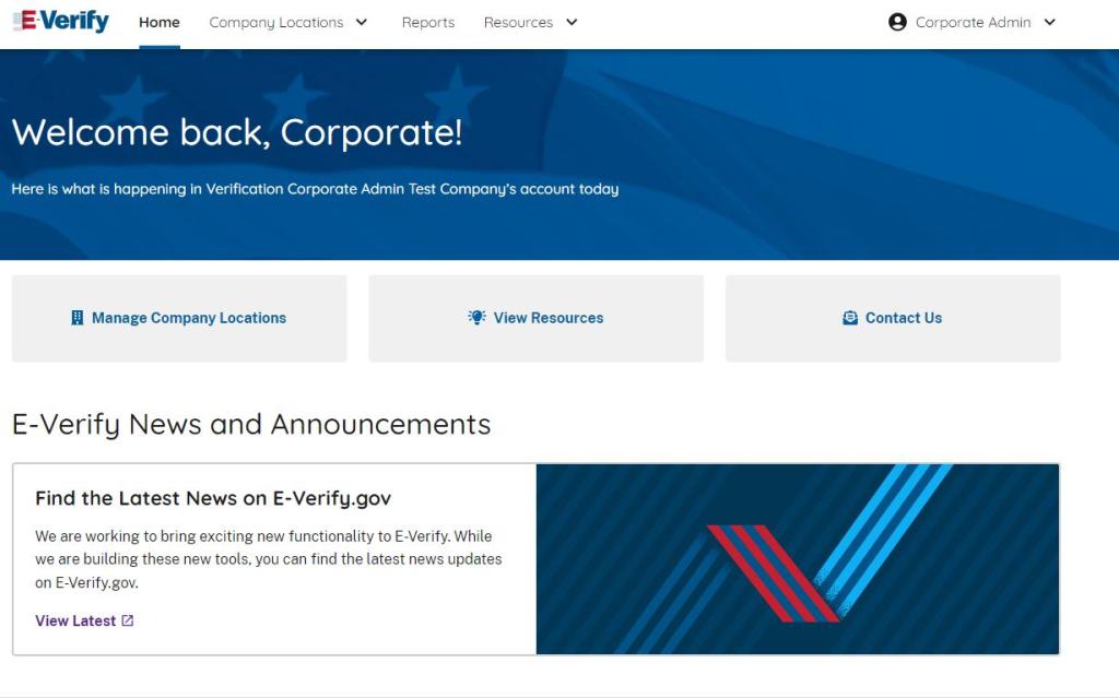 Corporate Administrator homepage