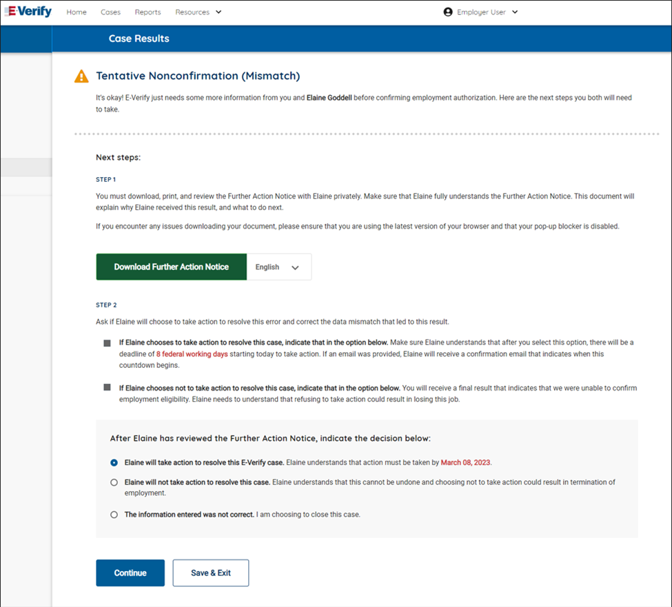 Screenshot of Case Result Page - Download Further Action Notice