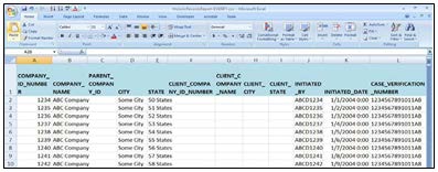 Screenshot of a sample E-Verify "Historic Records Report" opened in Excel Columns A to L