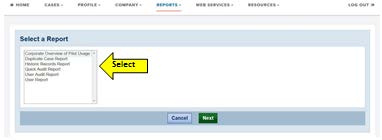 Image of the "Select a report" window with a "Select" arrow pointing to the "Historic Records Report" on the selection menu