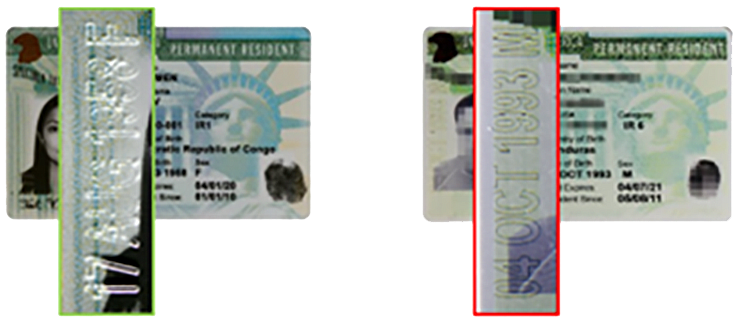 A sample of one version of the Permanent Resident Card on the left and a counterfeit card of the same version on the right.