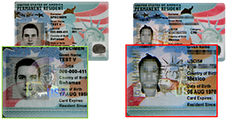 A sample of one version of the Permanent Resident Card on the left and a counterfeit card of the same version on the right.