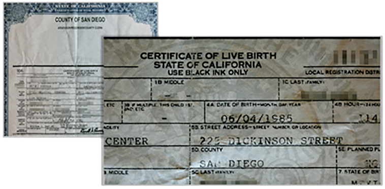 A birth certificate from California, showing indicators that the birth certificate had information on it altered.