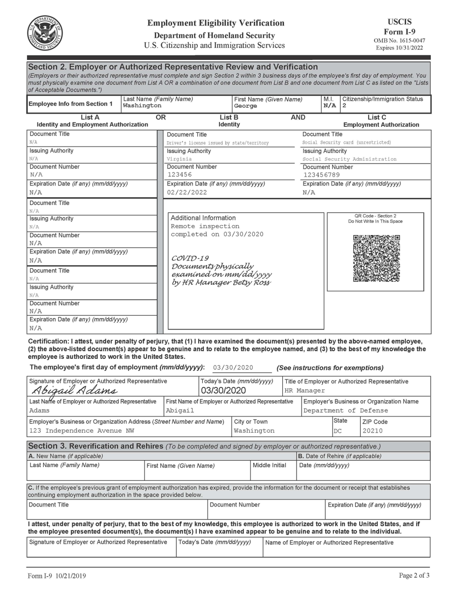 Screen capture of Form I-9, completed with COVID-19 physical inspection procedure.