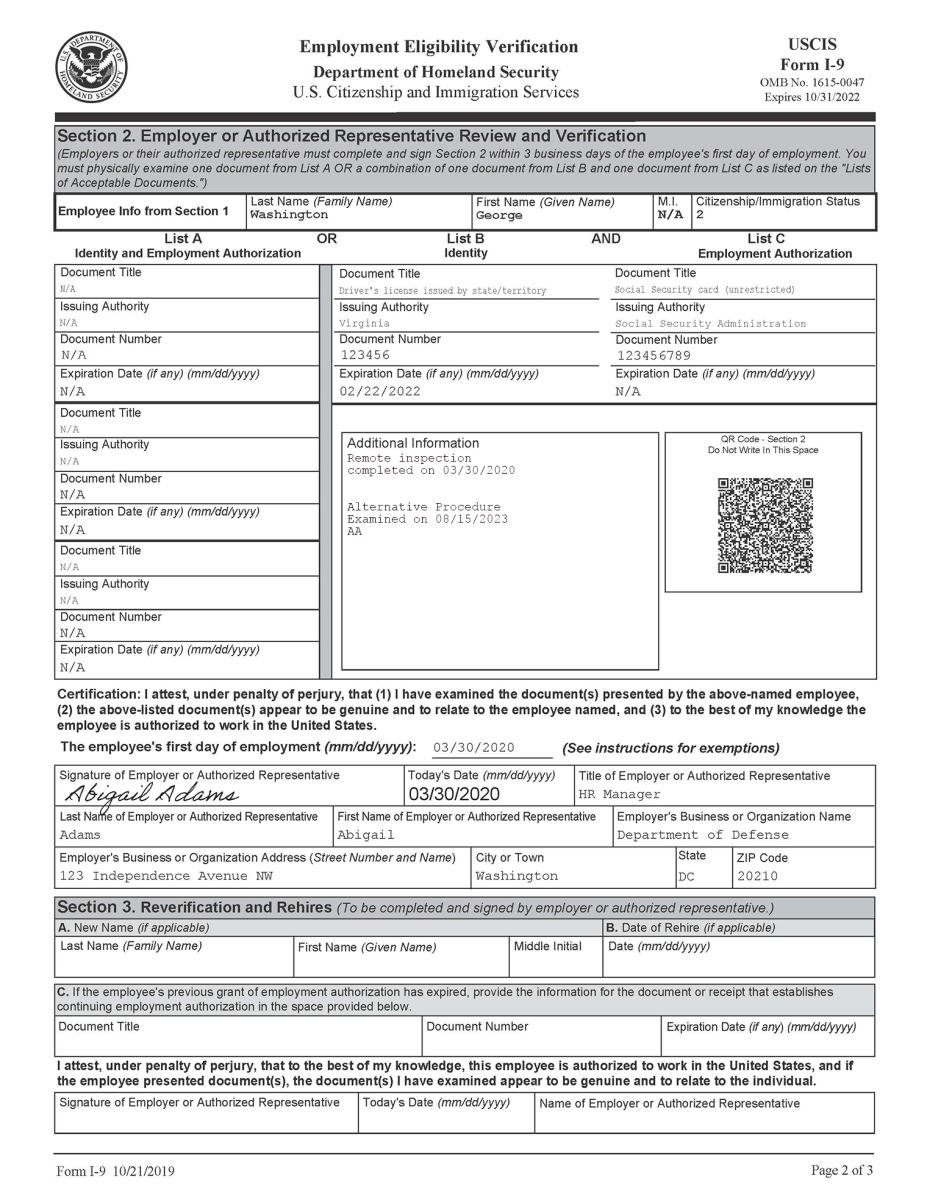 Screen Capture of Form I-9 completed with remote document examination procedure.