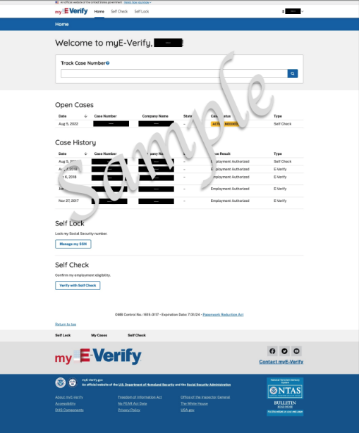 Screen capture of a Sample myE-Verify® Case History Welcome Page