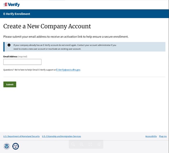 E-Verify Create a New Company Account page with Email Address box.