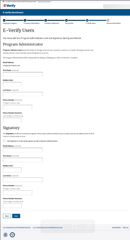E-Verify Enrollment Program Administrator and Signatory page.