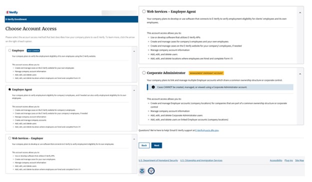 E-Verify Choose Account Access page.
