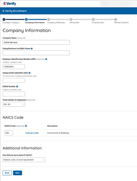 E-Verify enrollment Company Information.