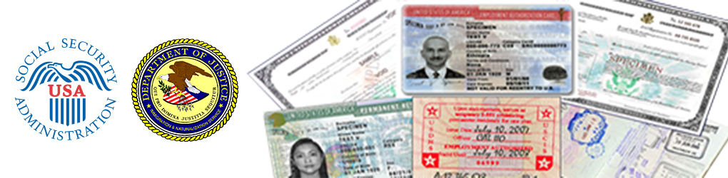Logotipo de la Administración del Seguro Social de EE.UU. y el del Departamento del Departamento de Justicia con imágenes de varios documentos de identidad, que incluyen certificado de naturalización, Tarjeta Verde, Documento de Autorización de Empleo y sello de pasaporte.