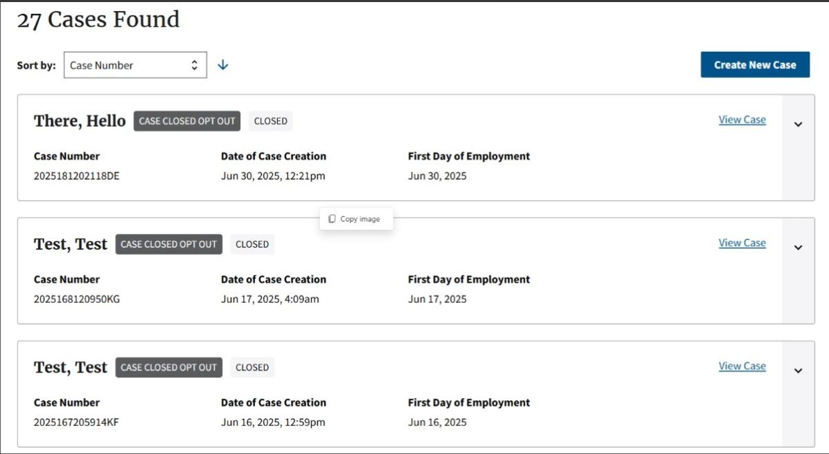 Screenshot of sample case results found within the E-Verify+ system.