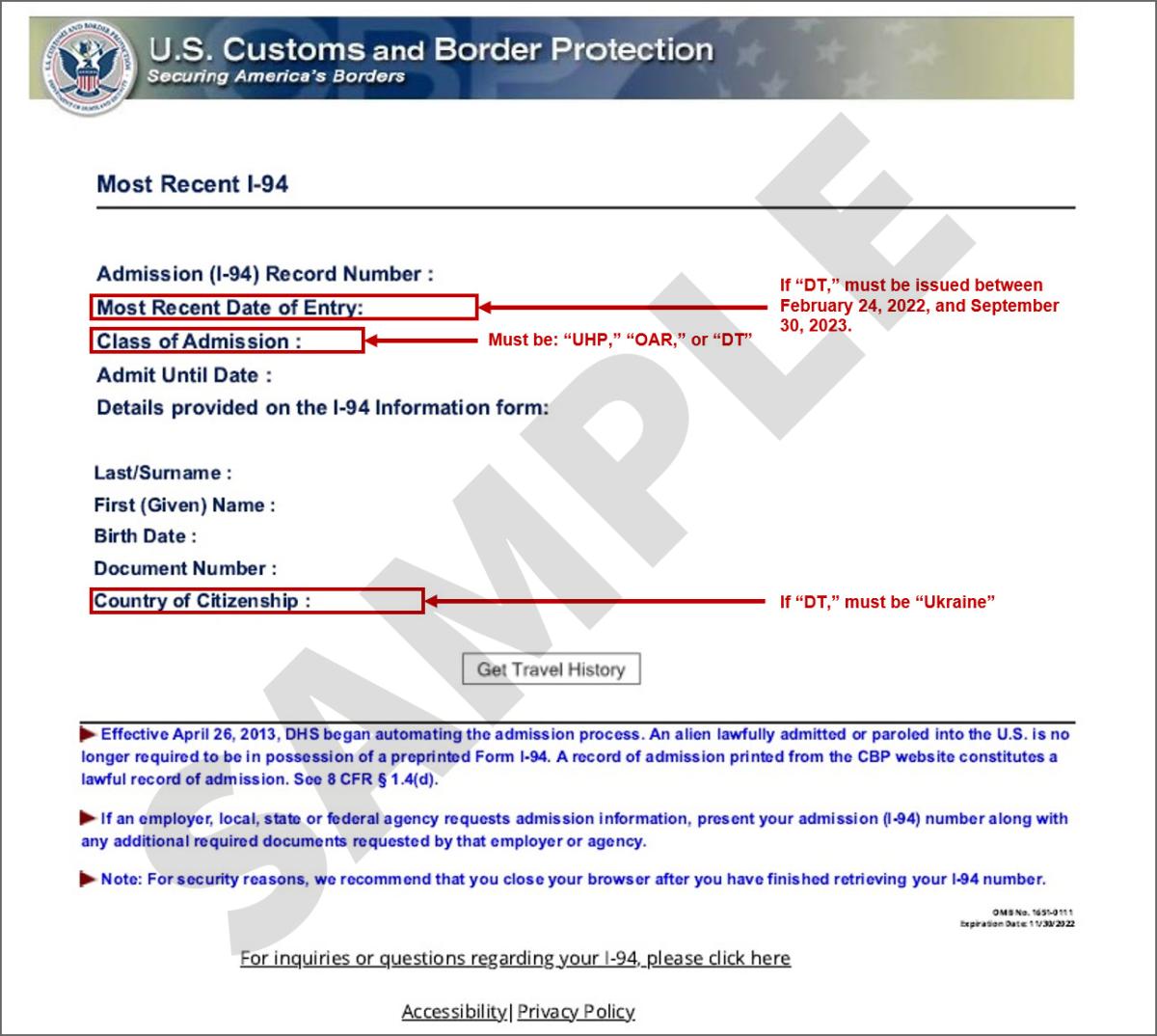 Sample of Form I-94 with instructions on completing certain form fields.