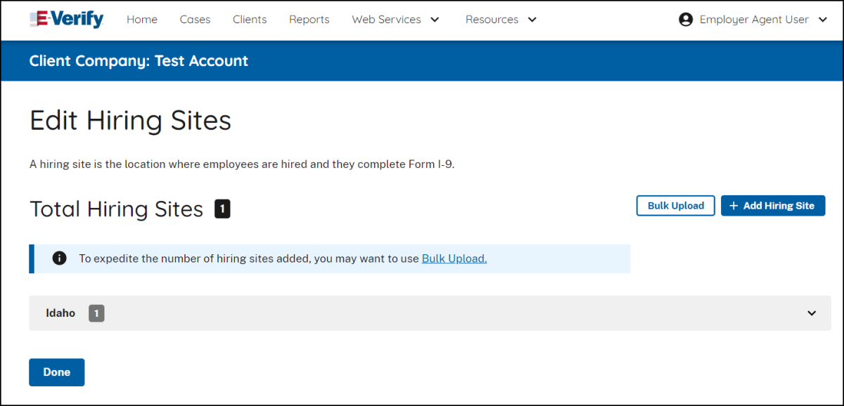 Screen capture of E-Verify Edit Hiring Sites screen with Bulk Upload and + Add Hiring Sites buttons showing on the right side.