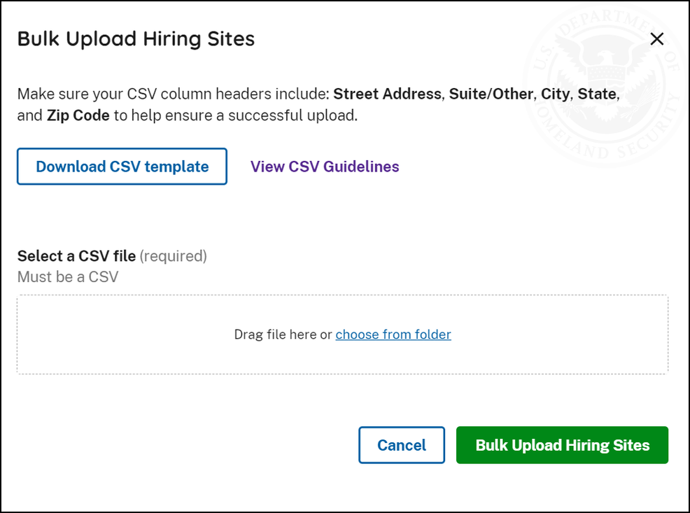 Screen capture of E-Verify Bulk Upload Hiring Sites screen, showing Download CSV template and View CSV Guidelines options.