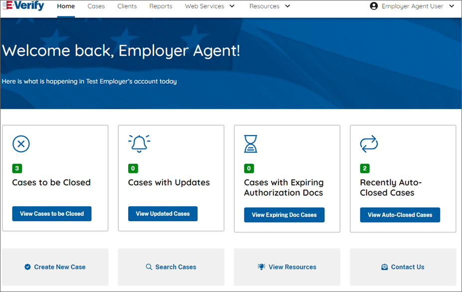 Screen capture of E-Verify Employer Agent home screen after login.