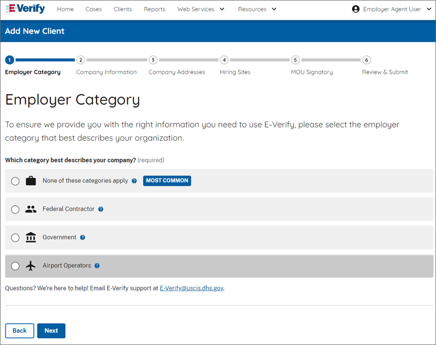 Screen capture of Add New Client, Employer Category page.