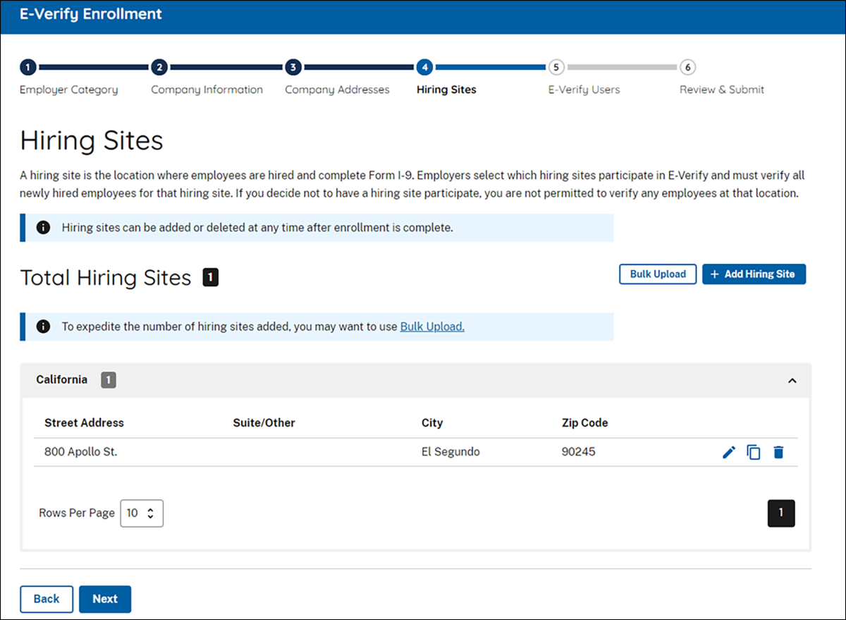 Screen capture of E-Verify "Hiring Sites" screen.