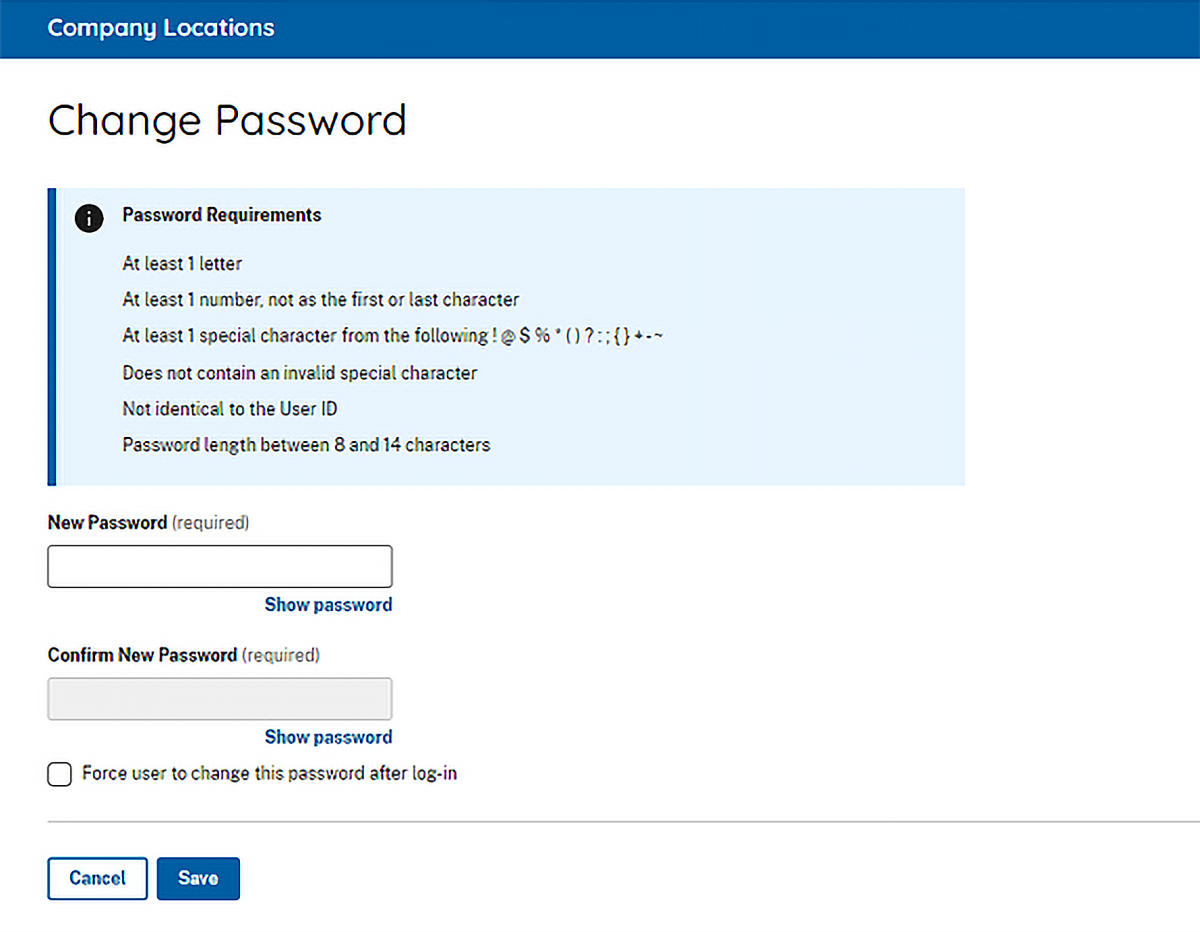 Screen capture showing of change Password requirements