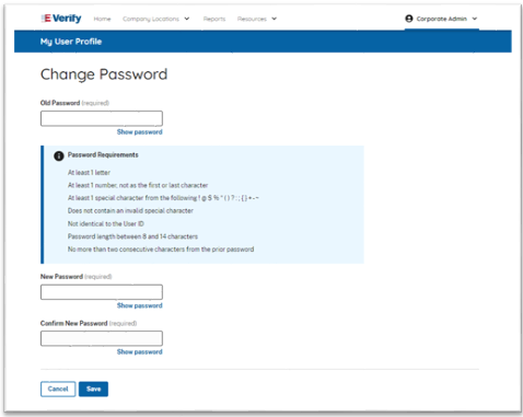 Screenshot of the Enter Old and New Passwords screen