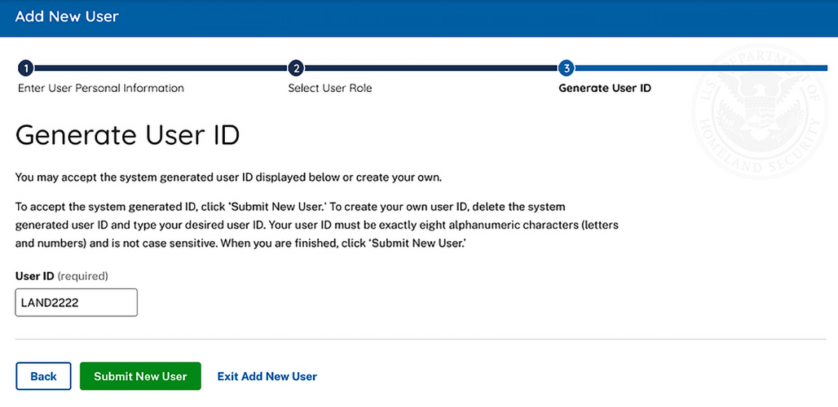 Screen capture showing the system generated User ID after add a user