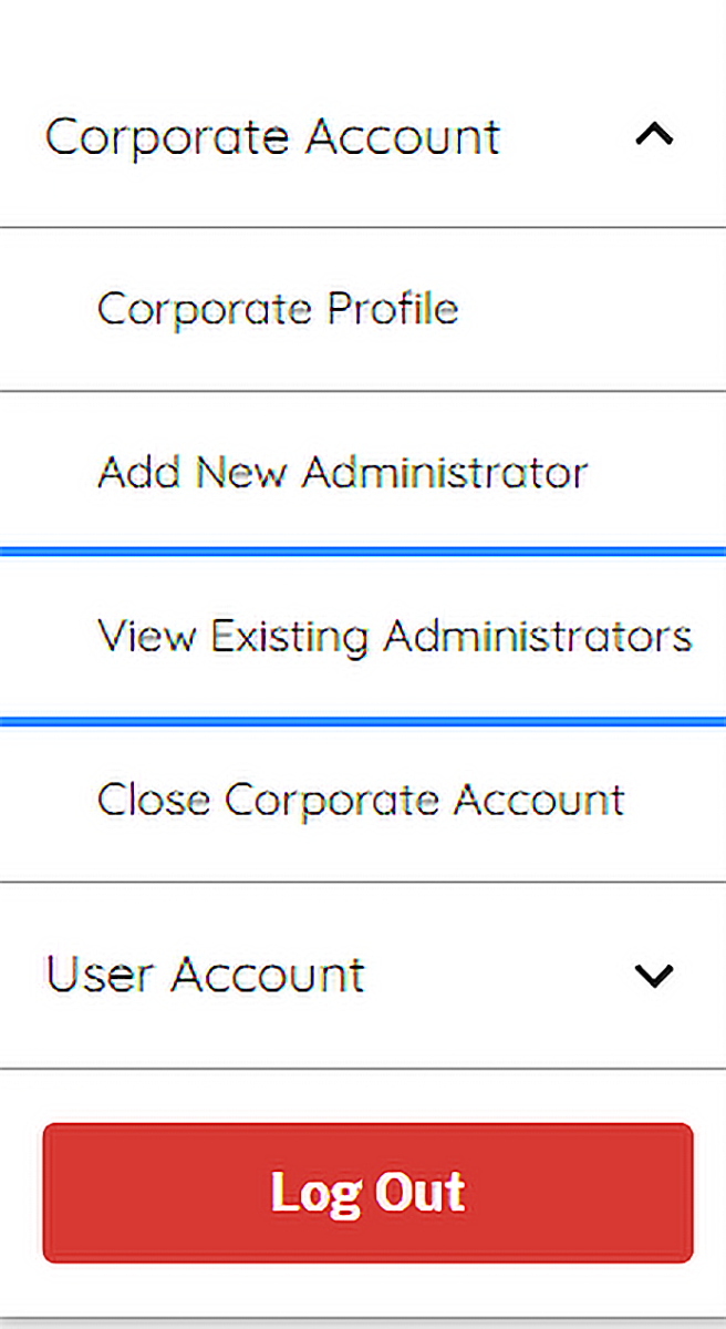 screen capture of CORPORATE ACCOUNT menu showing the View Existing Administrators menu option