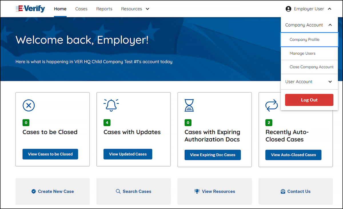 Screen capture of E-Verify home screen with Company Profile button highlighted.