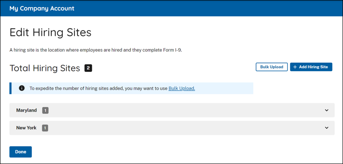 Screen capture of E-Verify Edit Hiring Sites screen with Bulk Upload and + Add Hiring Sites buttons showing on the right side.