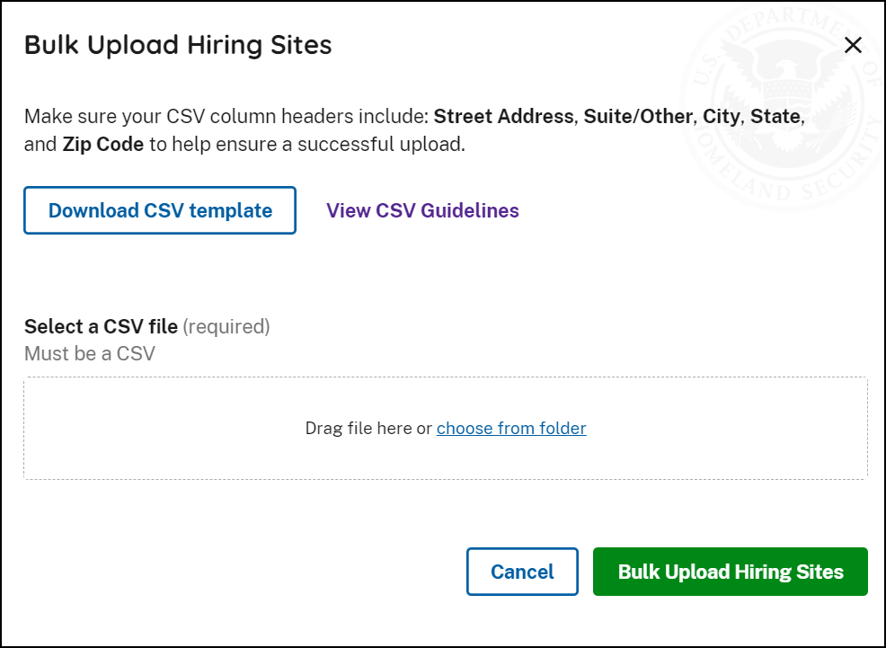 Screen capture of E-Verify Bulk Upload Hiring Sites screen with Download CSV templates and View CSV Guidelines options showing.