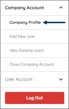 Screen capture of Company Account menu with an arrow pointing to the Company Profile button.