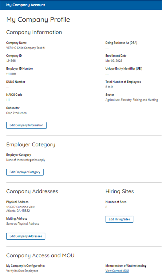 Screen capture of My Company Profile screen.