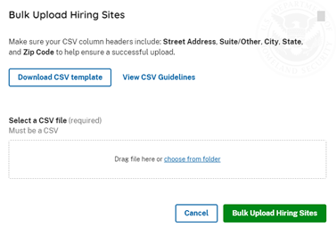 Screen capture of "Bulk Upload" option under Hiring Sites Page