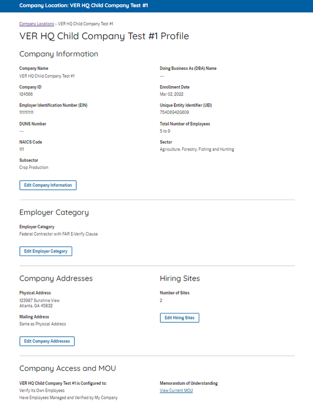 Screenshot of a Test Company Location screen after the company information has been entered.  View MOU link on the bottom of the screen.