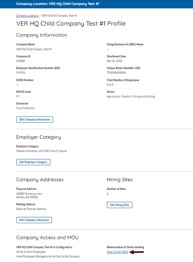 Screenshot of a Test Company Location screen after the company information has been entered.  View MOU link on the bottom of the screen.