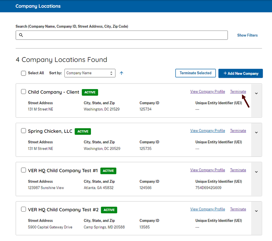 Screen shot of the Company Locations pointing with an arrow to the Terminate link on one of the two test companies in this sample