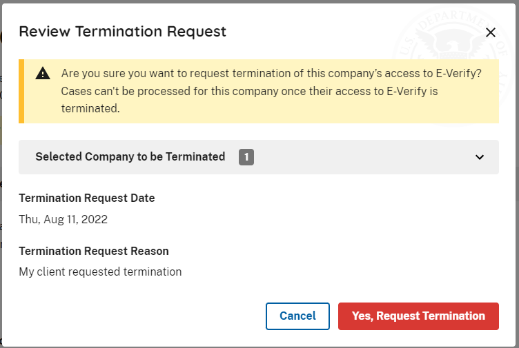 Screen capture of the Review Termination Request showing one last termination warning banner atop the page with a red button for at the bottom for confirmation of the termination