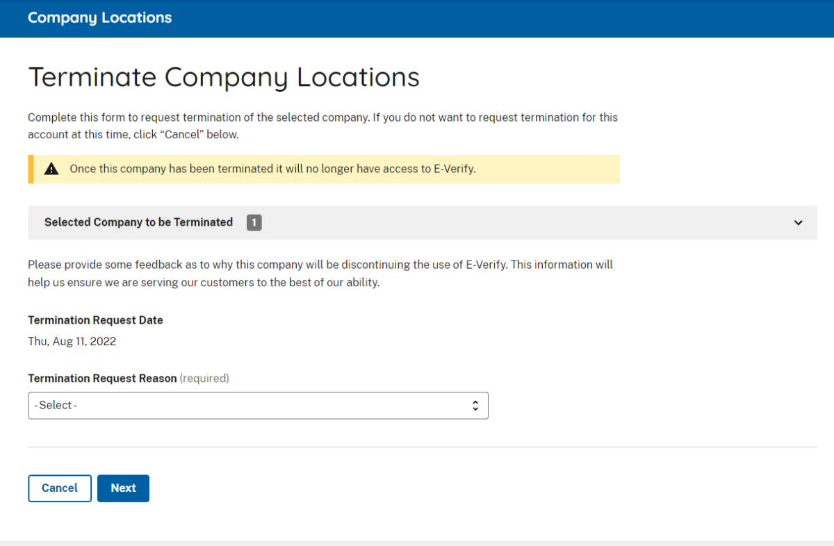 Screen capture of the Terminate Company Locations showing a warning banner atop the page that explains that once terminated the locations will no longer access E-Verify