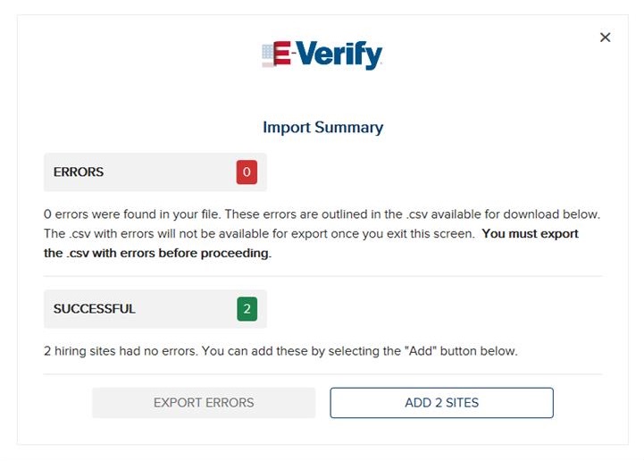 Screen capture of "Import Summary" results page after bulk upload of Hiring Sites Page