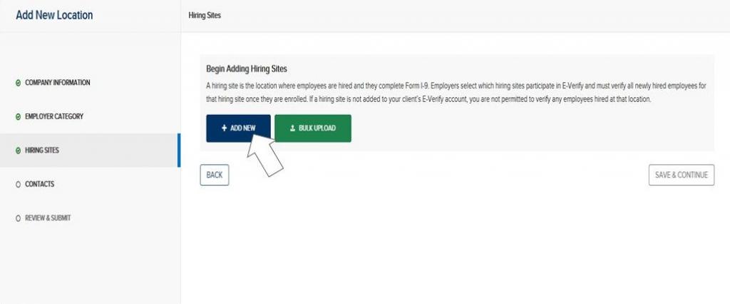 screen capture showing "Add New" button under the Begin Adding Hiring Sites page 