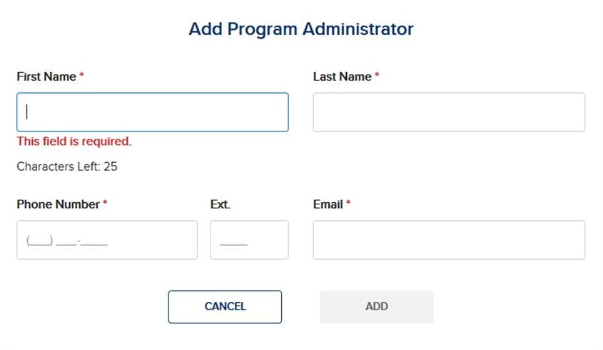 screen capture showing "FName, LName & Phone#" as required fields under the Add Program Administrator page 