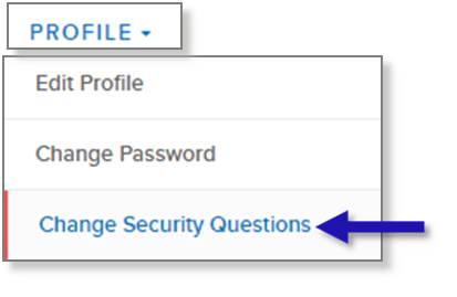 screen capture of left nav PROFILE menu showing the Change Security Questions menu option