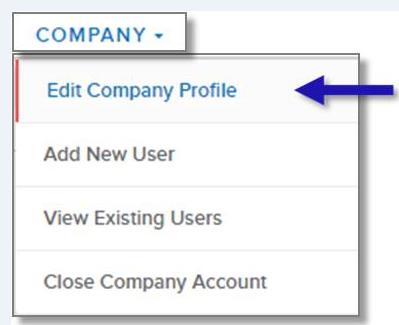 screen capture of left nav COMPANY menu showing the Edit Company Profile menu option