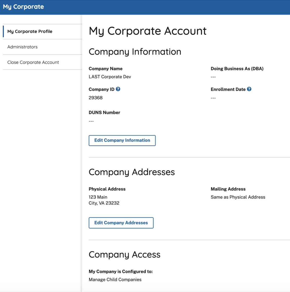 screen capture of left nav CORPORATE ACCOUNT menu showing the Edit Corporate Profile menu option