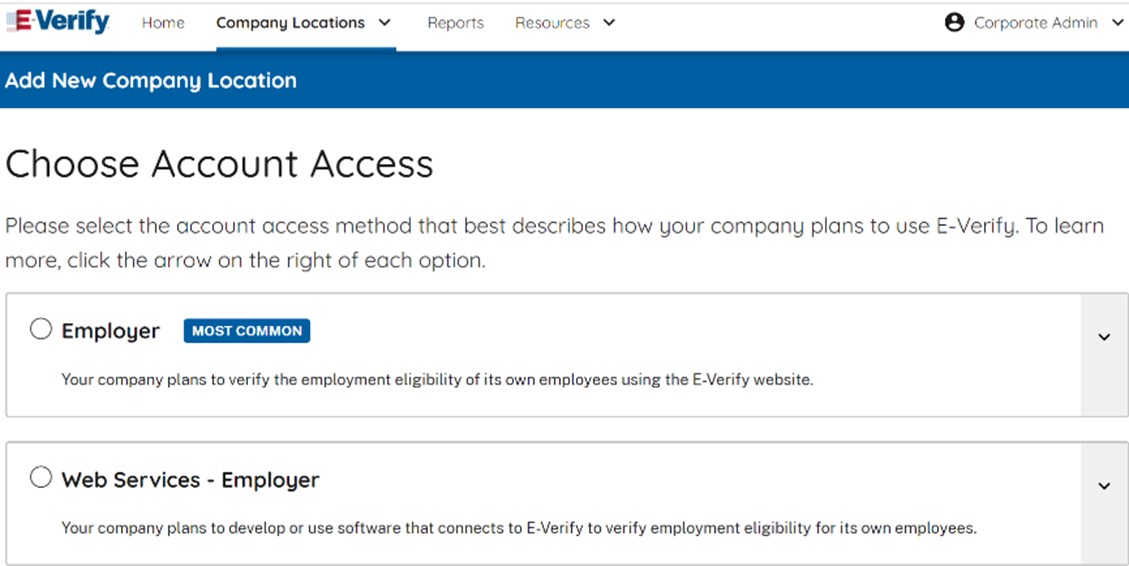 screen capture showing "Which category best describes Company?" Employer Category page