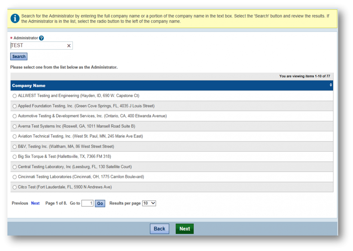 Screenshot of the Administrator Search Screen. A red arrow points to a radio button for a sample company account.