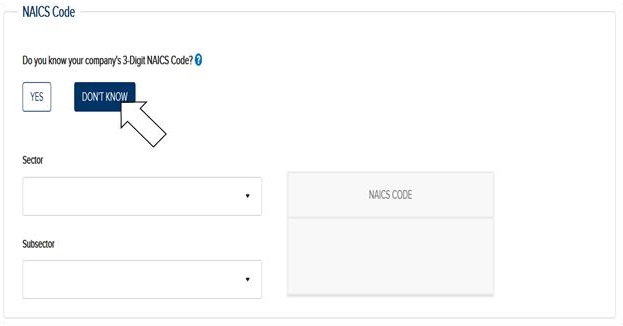 screen capture showing the NAICS Code "Don't Know" Option Button