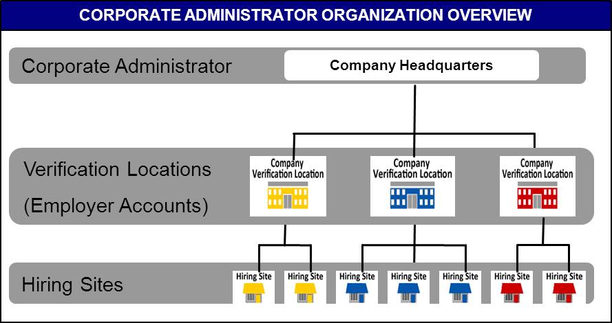 Corporate Administrator Organization Overview diagram. Shows 3  organizational levels. Bottom level is hiring sites, middle level is verification locations (employer accounts) and top level corporate administrator which is the company headquarters.