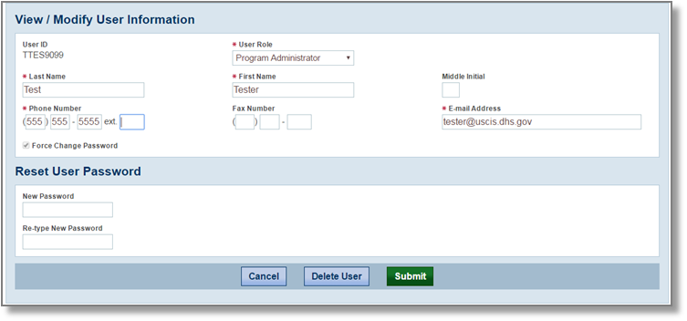 Screenshot of the View/Modify User Information Screen.