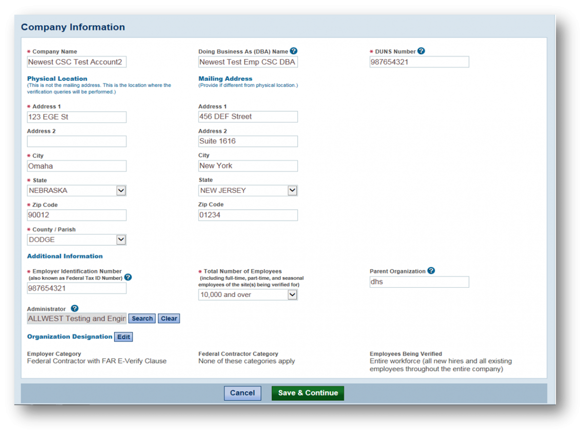 A screenshot Company Information pager with the selected corporate administrator account name in the Administrator field. A red arrow points to the Save & Continue button.