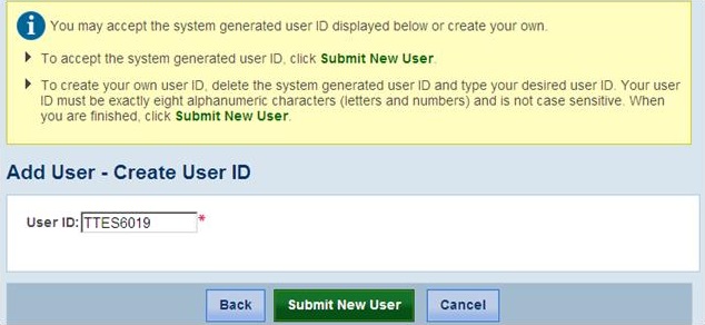 Screenshot of the Add User- Create  user ID screen.